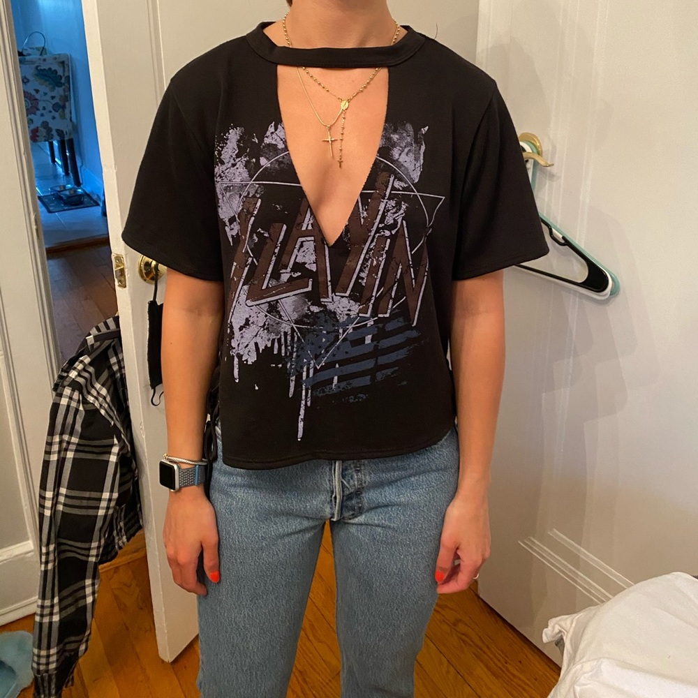 Womens V Neck Choker Cutout band inspired T Shirt